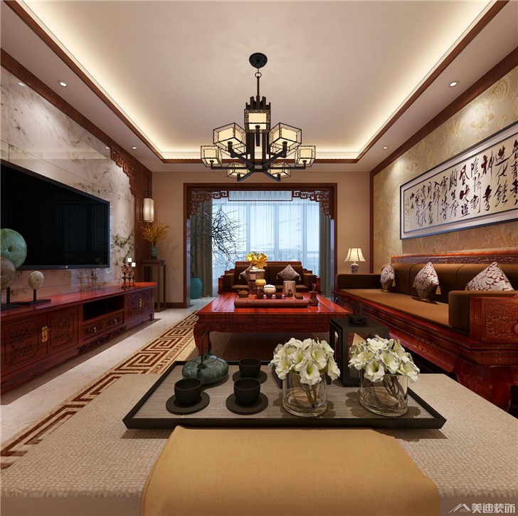 長沙陽光麗城中式裝修案例-客廳