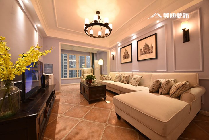 北辰三角洲美式風(fēng)格100平米裝修案例-客廳