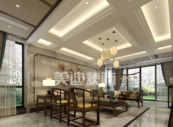 湘麓國際別墅新中式裝修效果圖-客廳