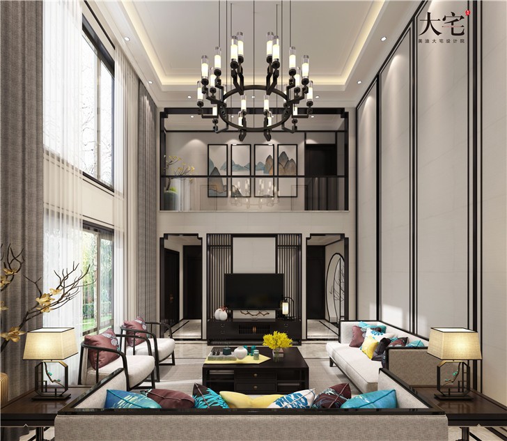 天麓尚層250平別墅東方雅韻風裝修案例圖—客廳