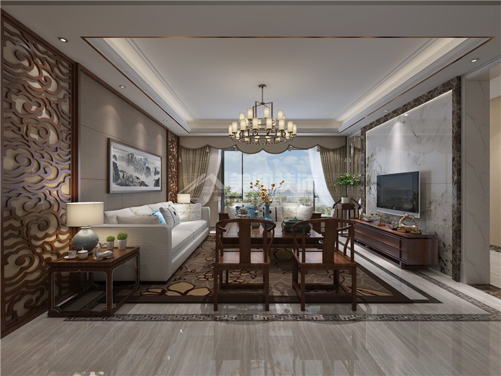 早安星城新中式風裝修案例圖—客廳