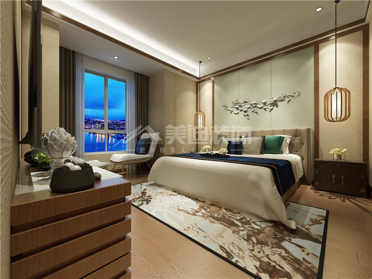 保利國(guó)際新中式風(fēng)裝修案例圖—臥室