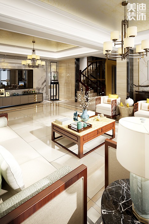 天鵝灣430平新中式裝修案例圖--客廳