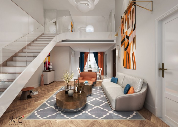 萬境園180平復式現代簡約風格裝修案例實拍圖-客廳