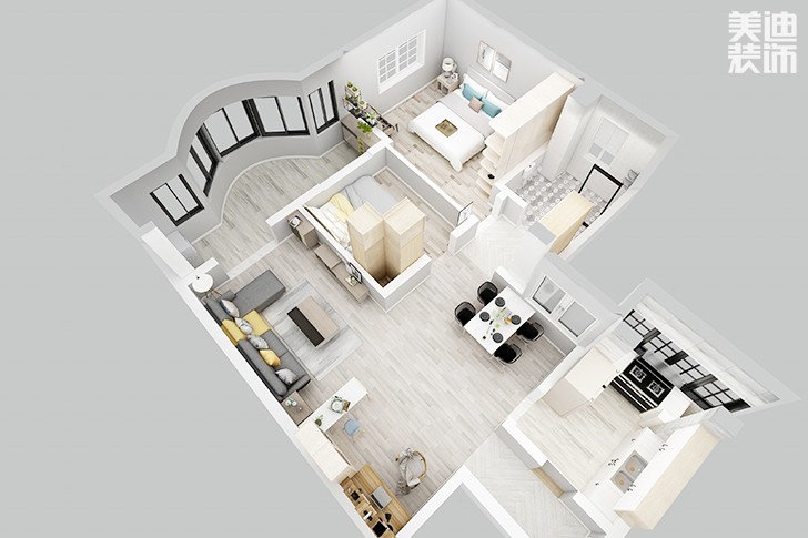 銀園公寓89平米現代簡約風格裝修效果圖--俯視圖