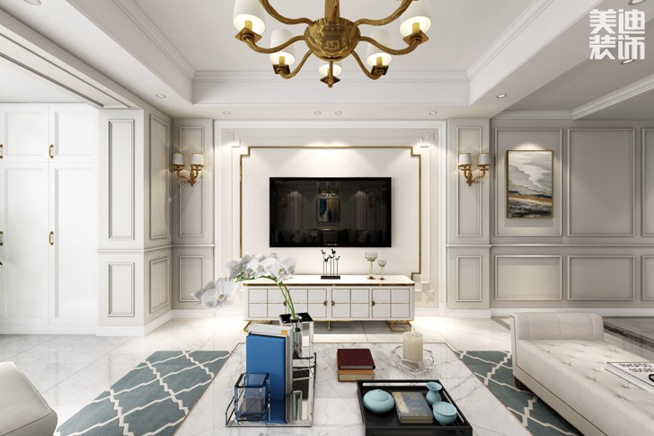 天祥水晶灣160平米輕奢美式風格裝修效果圖--客廳