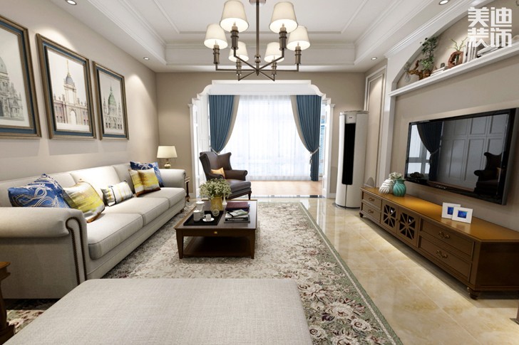 江河雙水灣108平米美式風(fēng)格裝修效果圖--客廳