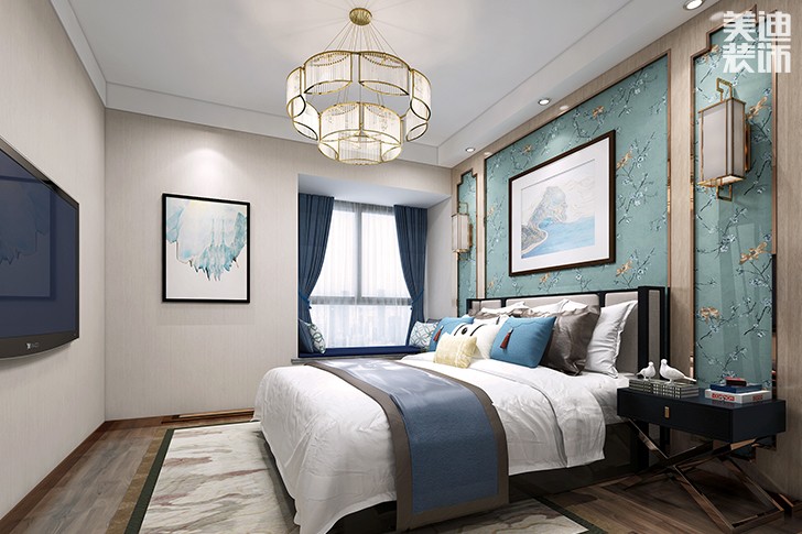 長房云時代120平中式輕奢風裝修案例效果圖--臥室