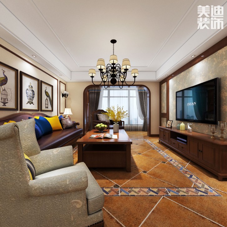 華潤橡樹灣140平米美式風格裝修案例效果圖--客廳