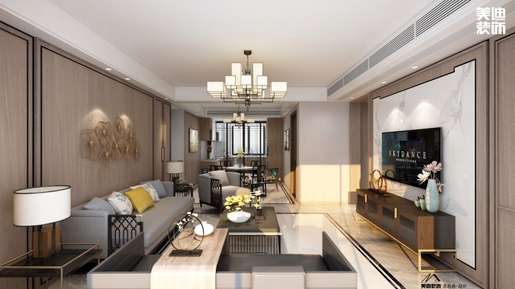 建發(fā)央璽180平米新中式風(fēng)格裝修案例效果圖--客廳