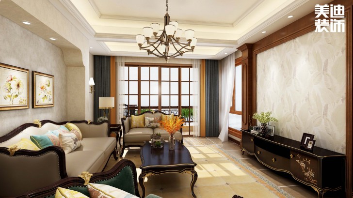 明昇壹城128平方米美式風格案例效果圖--客廳