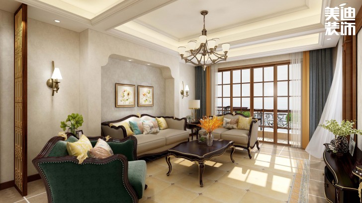 明昇壹城128平方米美式風格案例效果圖--客廳