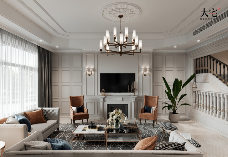 格蘭小鎮430平方米輕奢法式風格案例效果圖-客廳