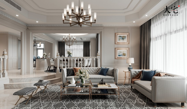 格蘭小鎮430平方米輕奢法式風格案例效果圖-客廳