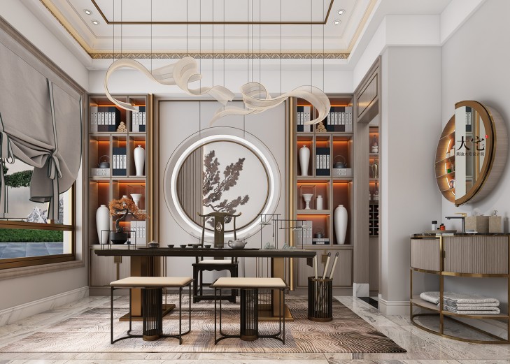 龍湖湘風(fēng)原著260平方米簡美風(fēng)格案例效果圖-茶室