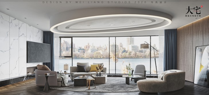 保利天禧240平方米現(xiàn)代極簡風(fēng)格案例效果圖-客廳