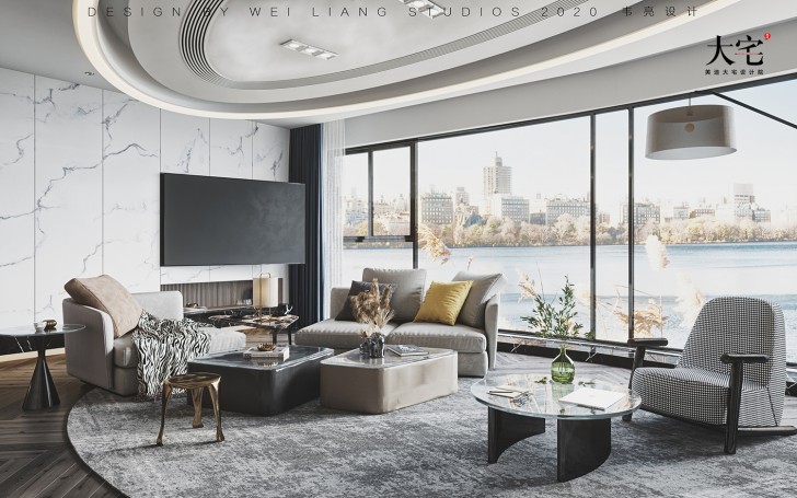 保利天禧240平方米現(xiàn)代極簡風(fēng)格案例效果圖-客廳