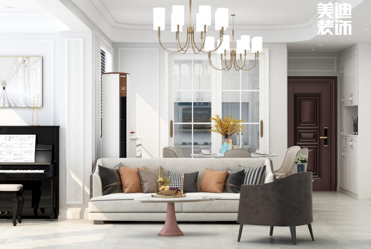 保利大都匯125㎡簡(jiǎn)歐風(fēng)格案例效果圖—客廳