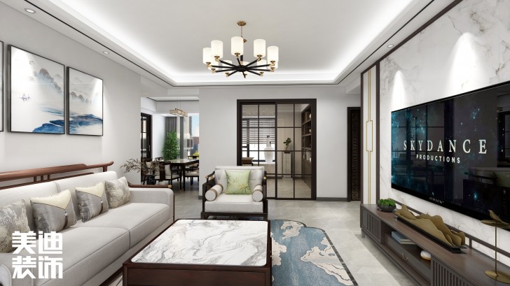 富興匯中央130㎡新中式風(fēng)裝修案例效果圖—客廳