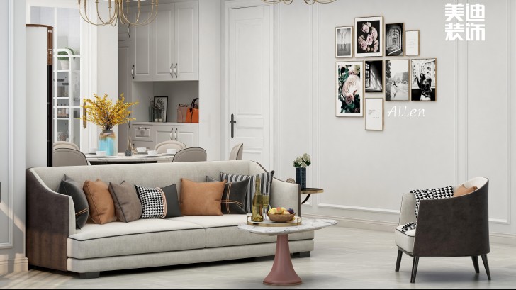 保利大都匯125㎡簡(jiǎn)歐風(fēng)格案例效果圖—客廳