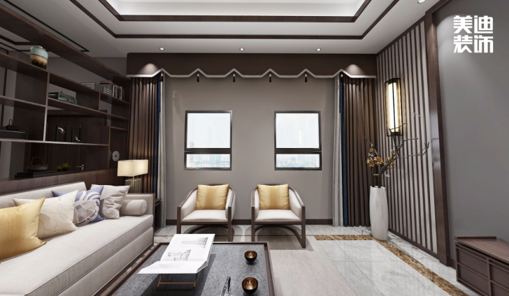 九龍領仕匯430㎡新中式風格案例效果圖—客廳