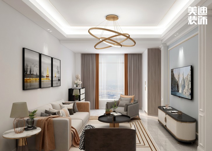 五礦萬境水岸95㎡北歐輕奢風格案例效果圖—客廳