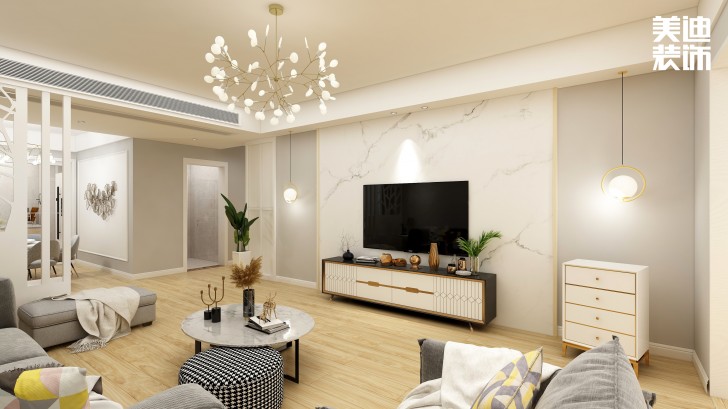 銀桂苑140㎡簡約風(fēng)裝修案例效果圖—客廳