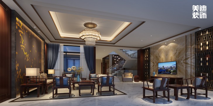 華發世紀城430㎡新中式風裝修案例效果圖-客廳